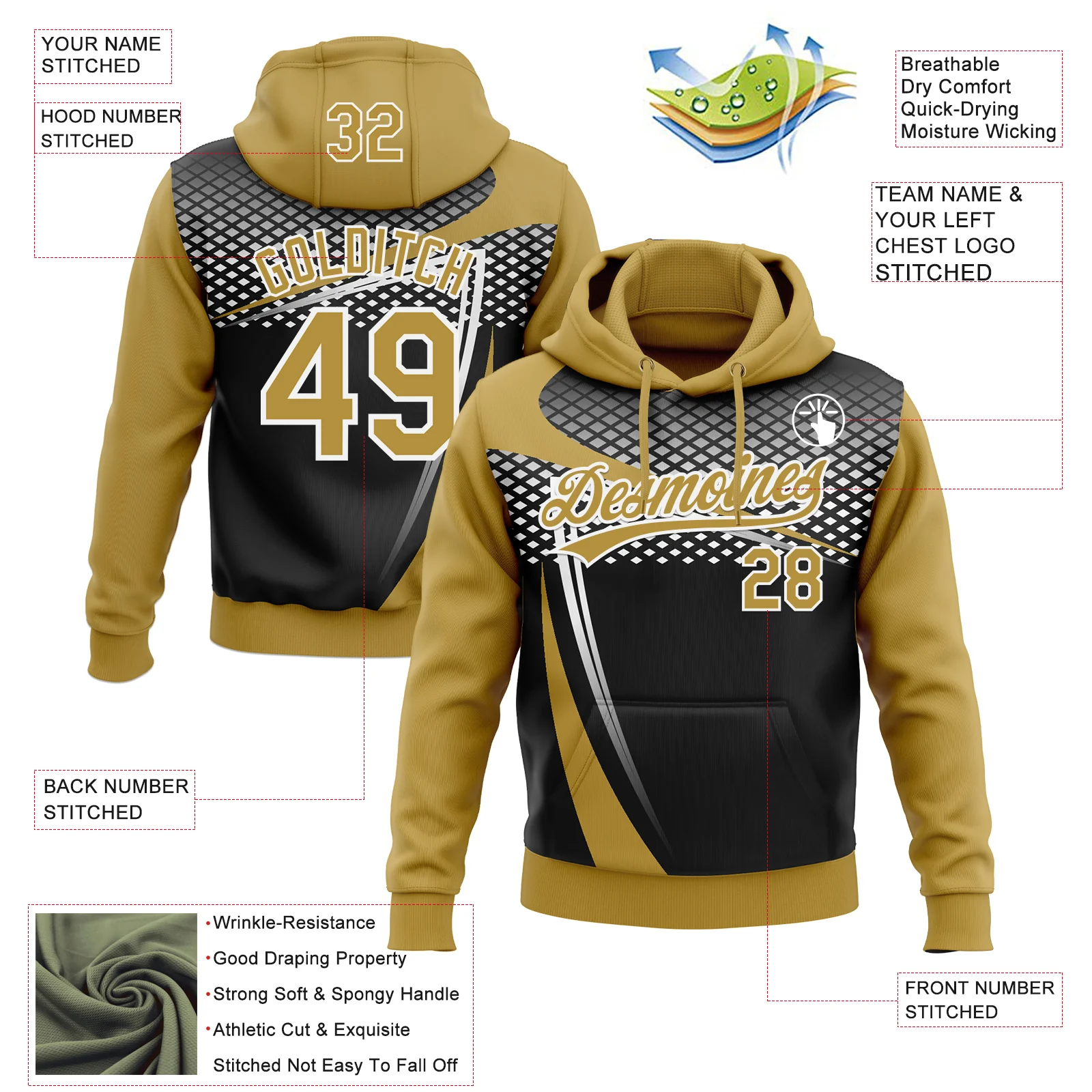 Custom Stitched Old Gold Black-White E-sports Pattern Pullover Sweatshirt Hoodie - Image 4