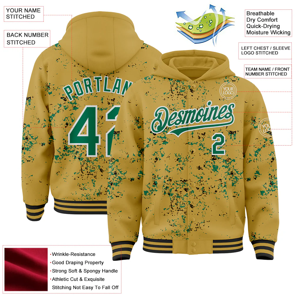 Custom Old Gold Kelly Green Black-White Fragment Pattern Bomber Full-Snap Varsity Letterman Hoodie Jacket - Image 4