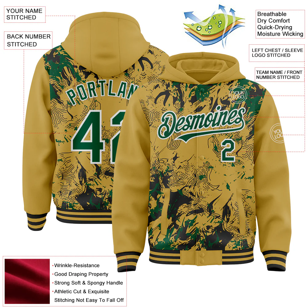 Custom Old Gold Kelly Green Black-White Splash Bomber Full-Snap Varsity Letterman Hoodie Jacket - Image 4