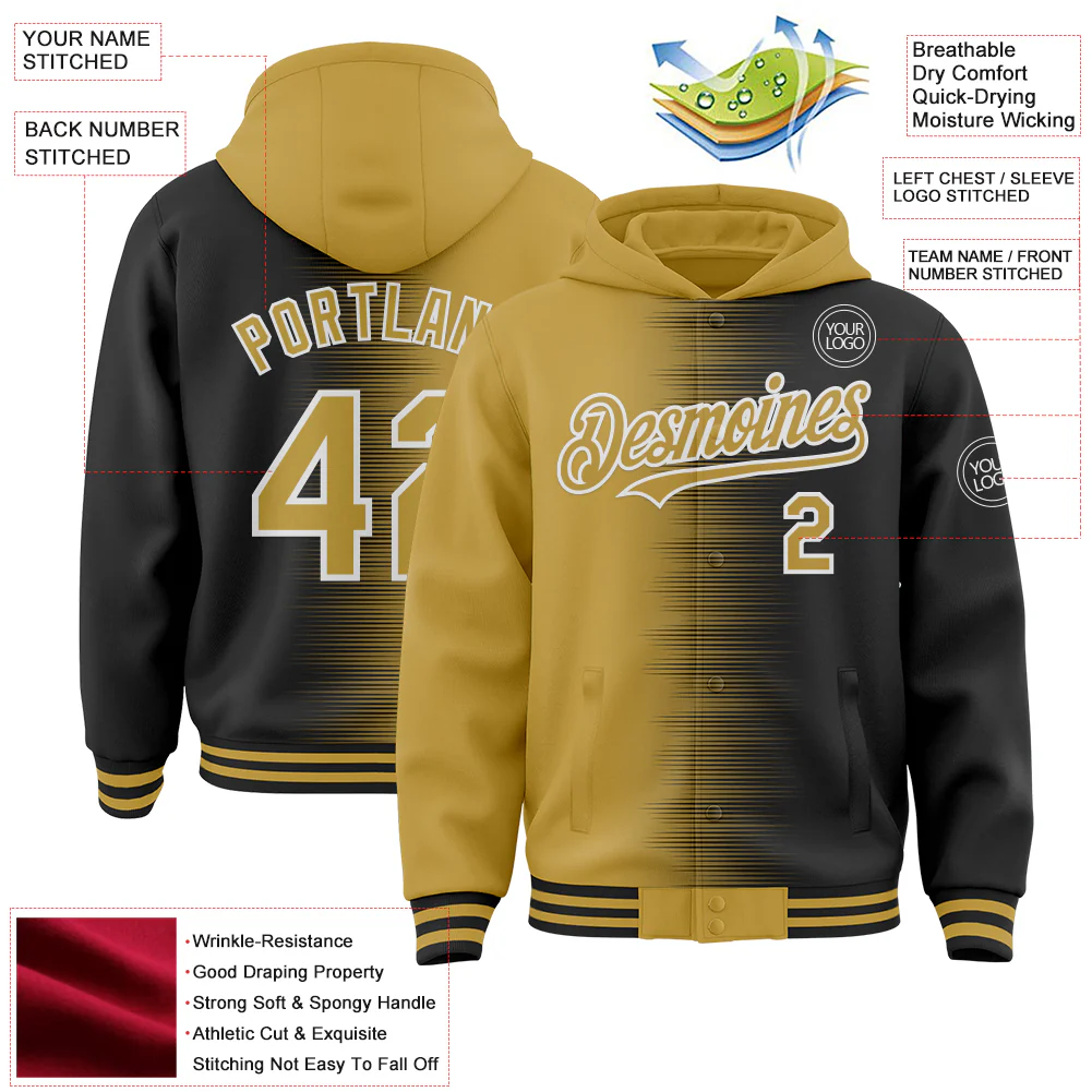 Custom Old Gold Black-White Gradient Line Bomber Full-Snap Varsity Letterman Hoodie Jacket - Image 4