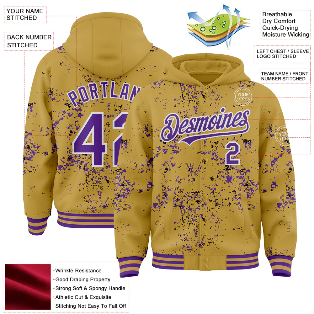 Custom Old Gold Purple Black-White Fragment Pattern Bomber Full-Snap Varsity Letterman Hoodie Jacket - Image 4