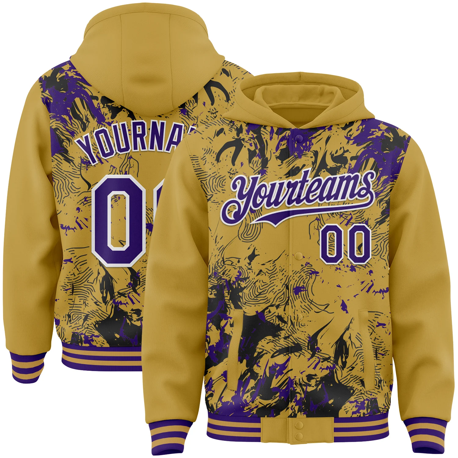 Custom Old Gold Purple Black-White Splash Bomber Full-Snap Varsity Letterman Hoodie Jacket