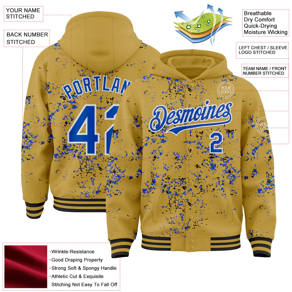 Custom Old Gold Thunder Blue Black-White Fragment Pattern Bomber Full-Snap Varsity Letterman Hoodie Jacket - Image 4