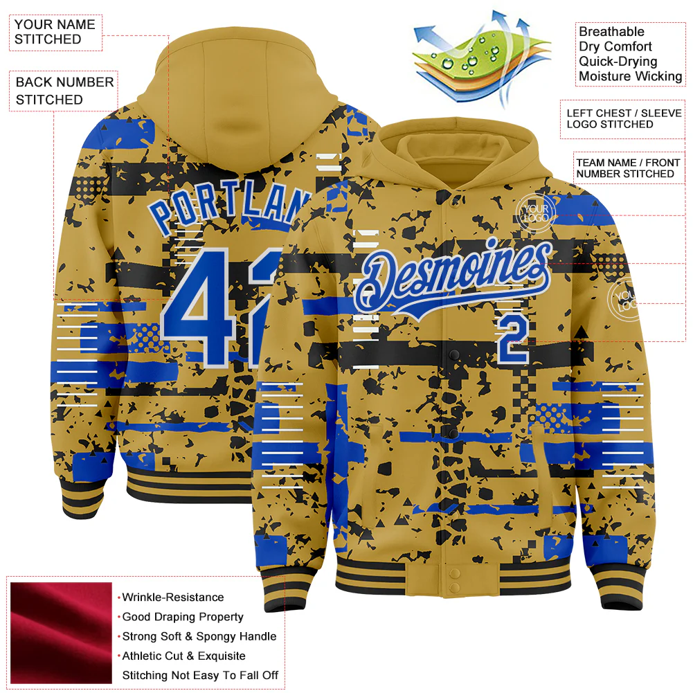 Custom Old Gold Thunder Blue Black-White Abstract Fragment Shape Bomber Full-Snap Varsity Letterman Hoodie Jacket - Image 4