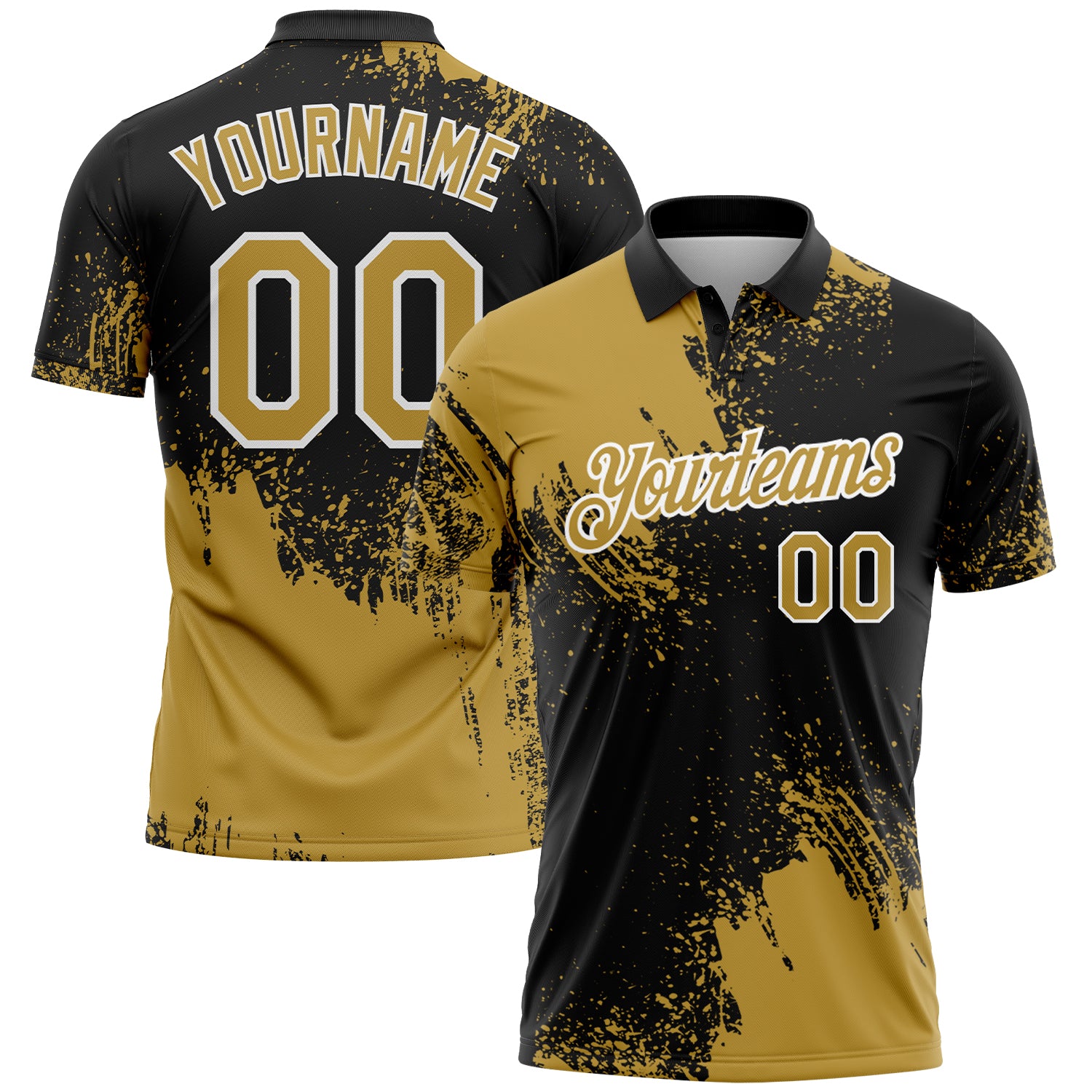 Custom Old Gold Black-White 3D Pattern Design Abstract Brush Stroke Performance Polo Shirt