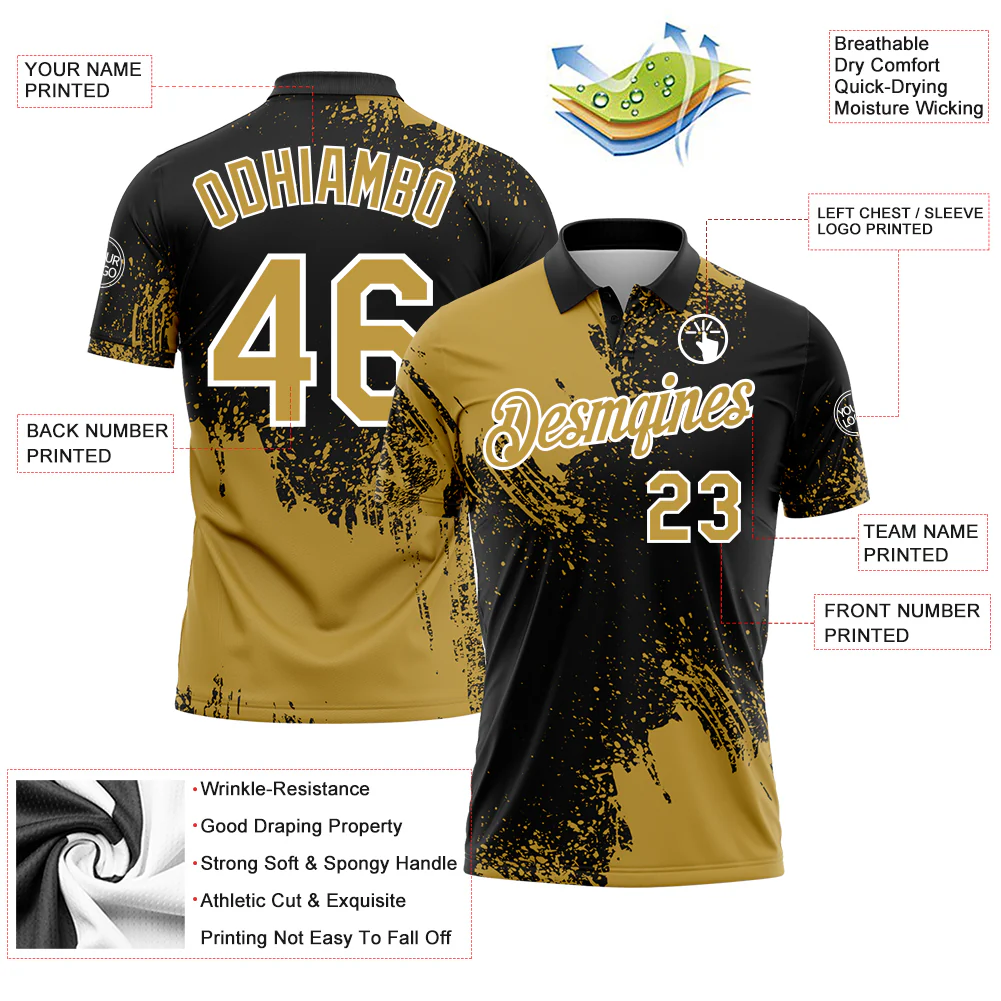 Custom Old Gold Black-White 3D Pattern Design Abstract Brush Stroke Performance Polo Shirt - Image 3