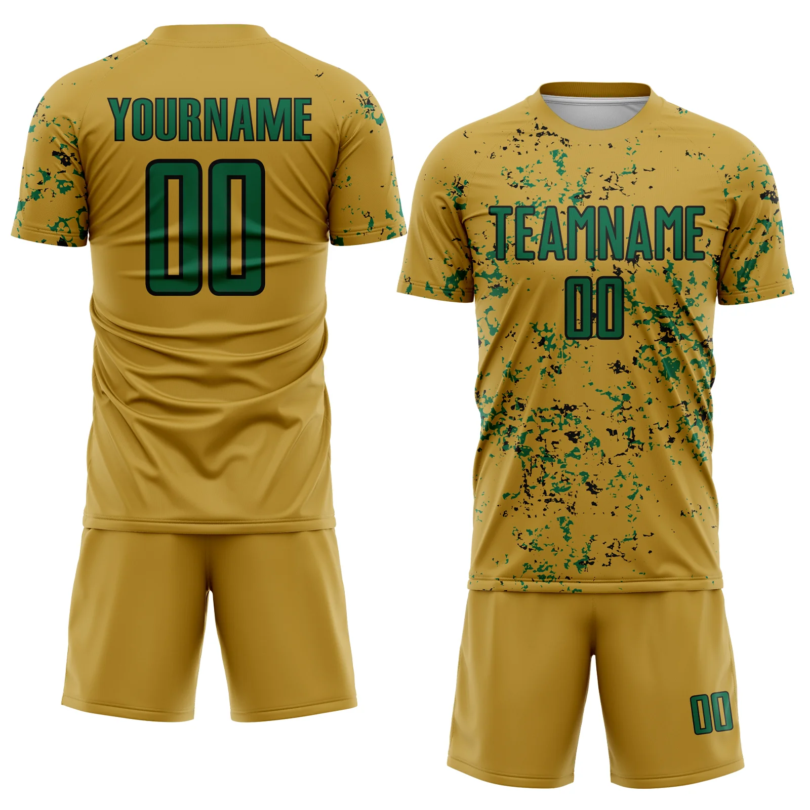 Custom Old Gold Kelly Green-Black Abstract Fragment Art Sublimation Soccer Uniform Jersey - Image 2