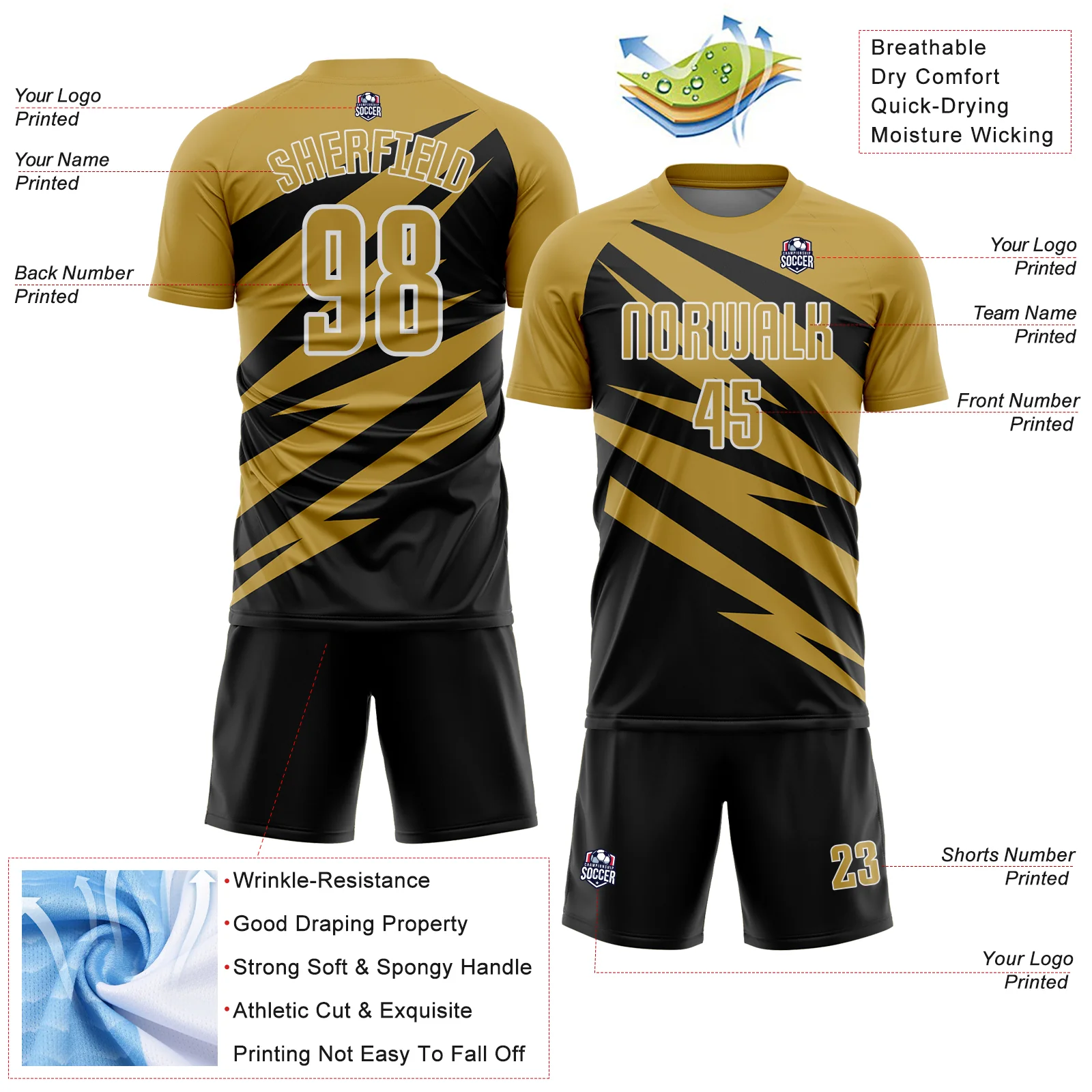 Custom Old Gold Black-White Abstract Line Sports Sublimation Soccer Uniform Jersey - Image 4