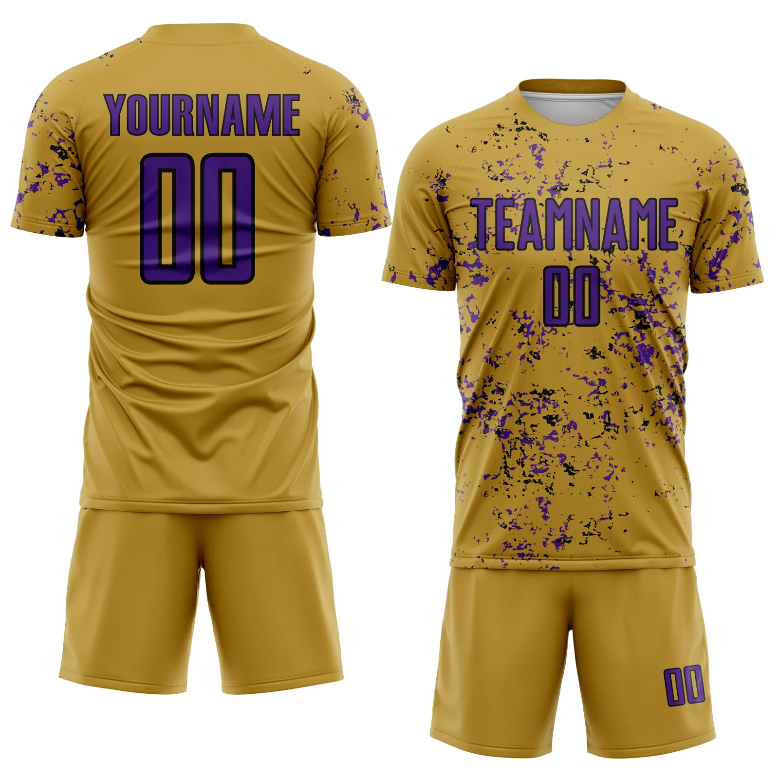 Custom Old Gold Purple-Black Abstract Fragment Art Sublimation Soccer Uniform Jersey - Image 2