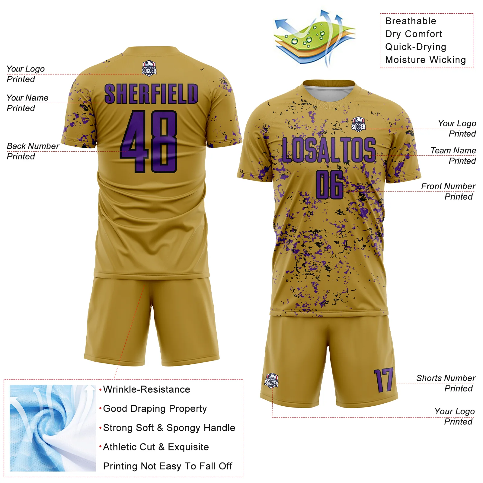 Custom Old Gold Purple-Black Abstract Fragment Art Sublimation Soccer Uniform Jersey - Image 4
