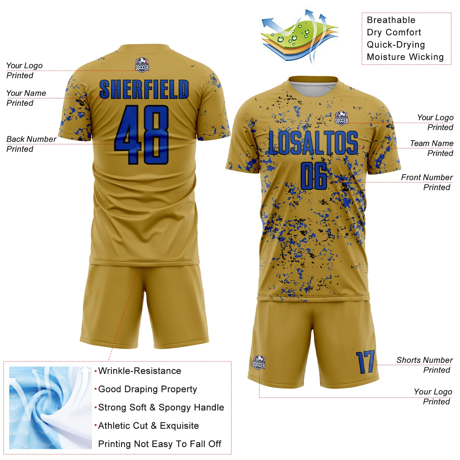 Custom Old Gold Thunder Blue-Black Abstract Fragment Art Sublimation Soccer Uniform Jersey - Image 4