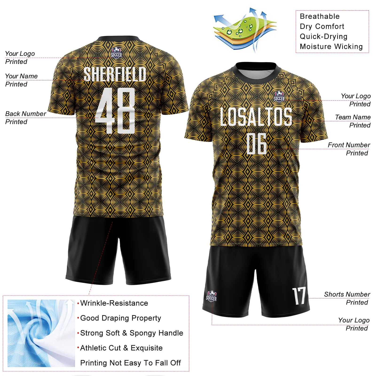 Custom Old Gold White-Black Geometric Shapes Sublimation Soccer Uniform Jersey - Image 4