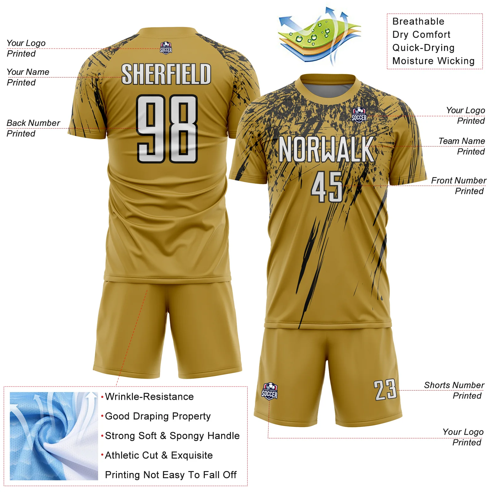 Custom Old Gold White-Black Splash Sports Sublimation Soccer Uniform Jersey - Image 4