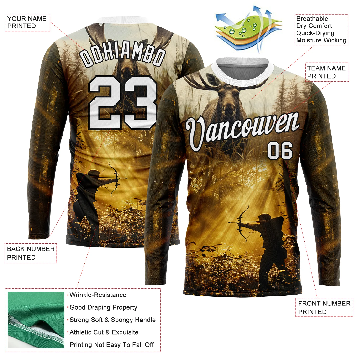 Custom Old Gold White-Black 3D Animal Deer Hunting Tool Arrow Hunter Long Sleeve Performance T-Shirt - Image 2