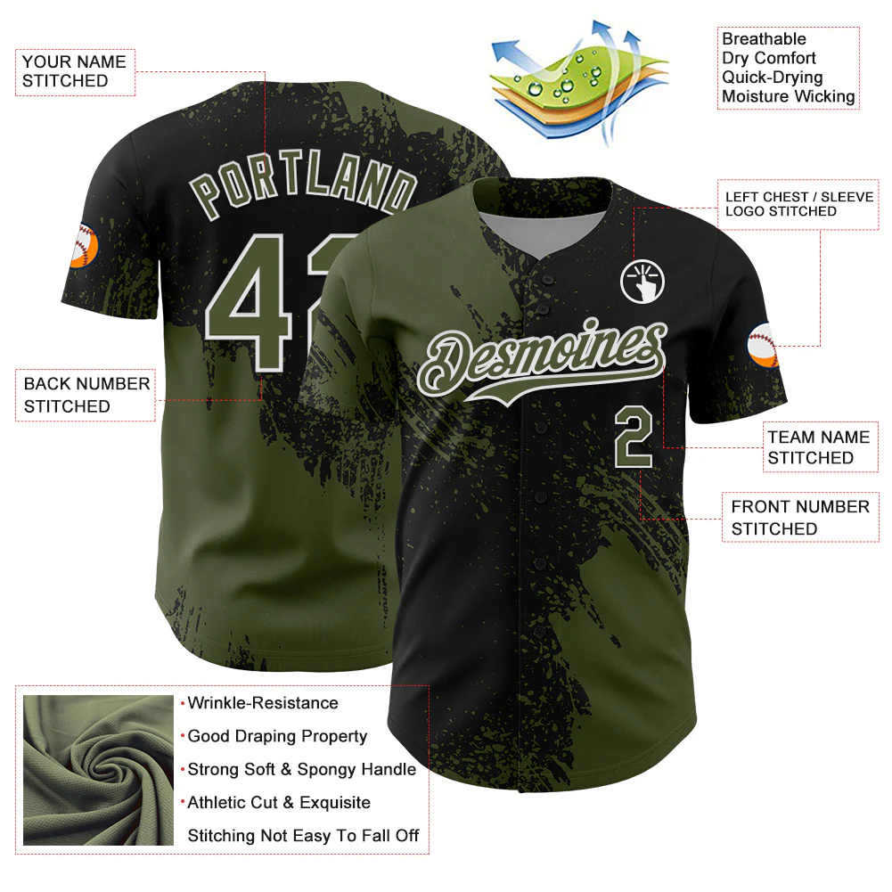 Custom Olive Black-White 3D Pattern Design Abstract Brush Stroke Authentic Baseball Jersey - Image 3