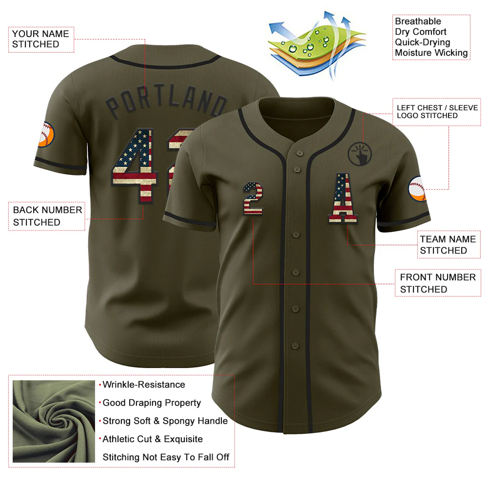 Custom Olive Vintage USA Flag-Black Authentic Salute To Service Baseball Jersey - Image 2