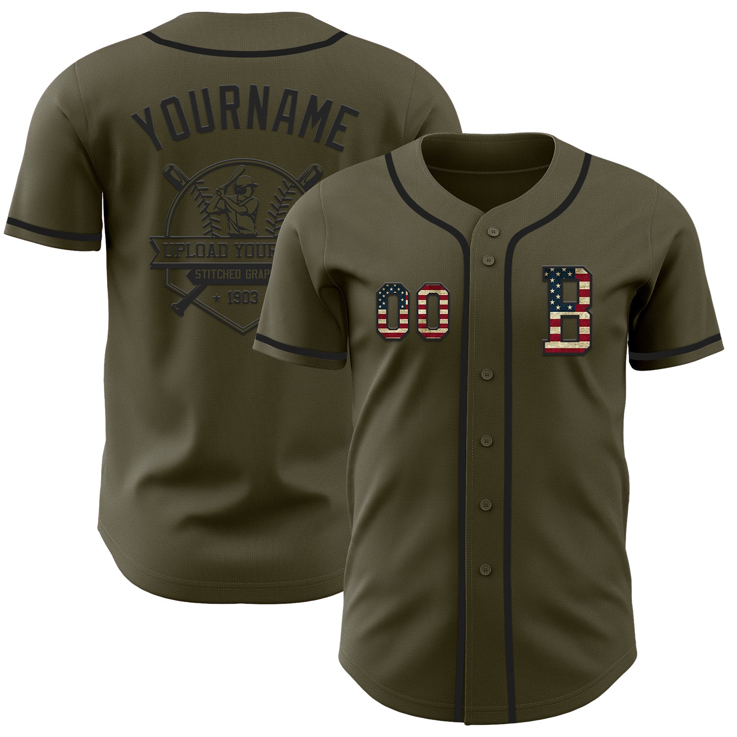 Custom Olive Vintage USA Flag-Black Authentic Salute To Service Baseball Jersey - Image 5