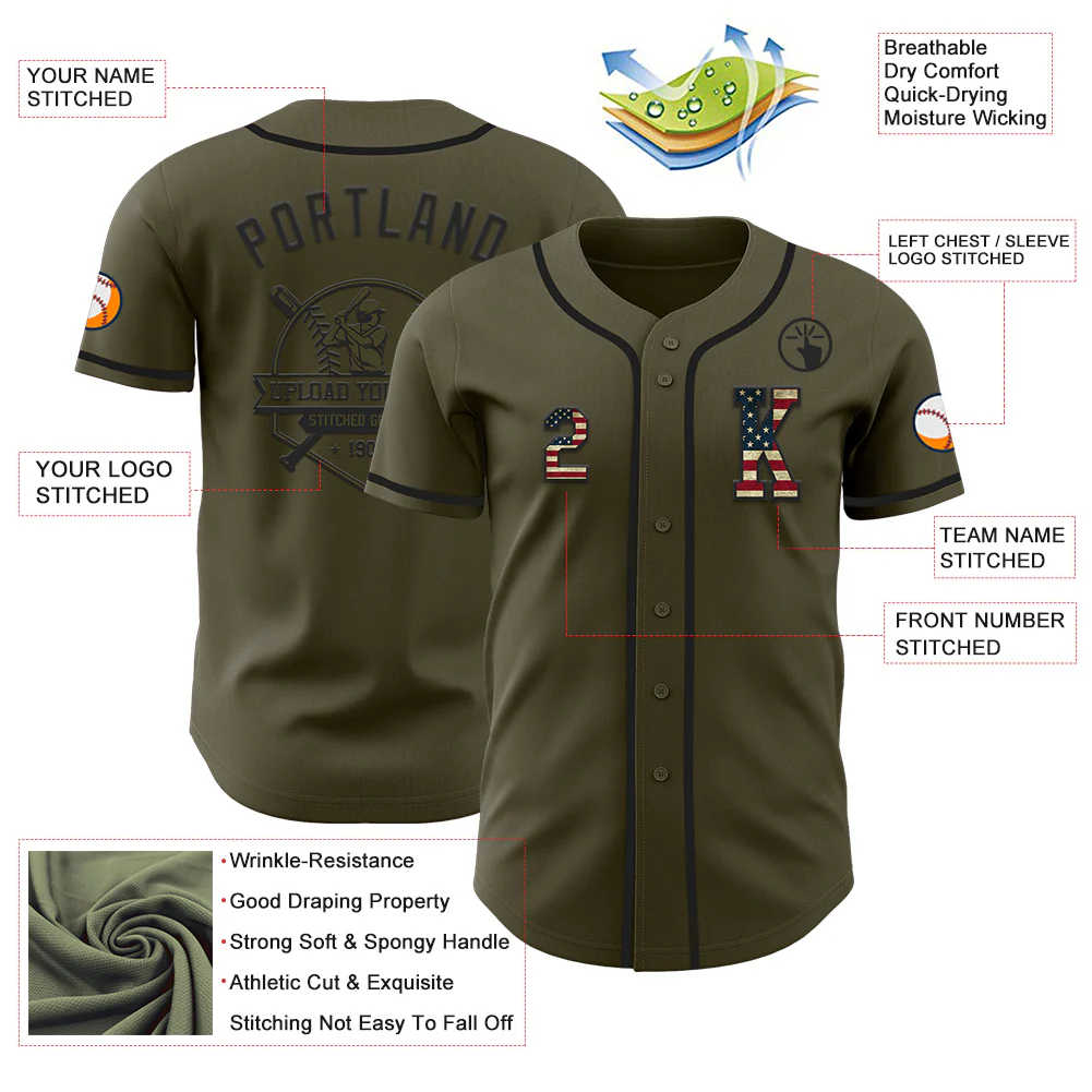 Custom Olive Vintage USA Flag-Black Authentic Salute To Service Baseball Jersey - Image 6