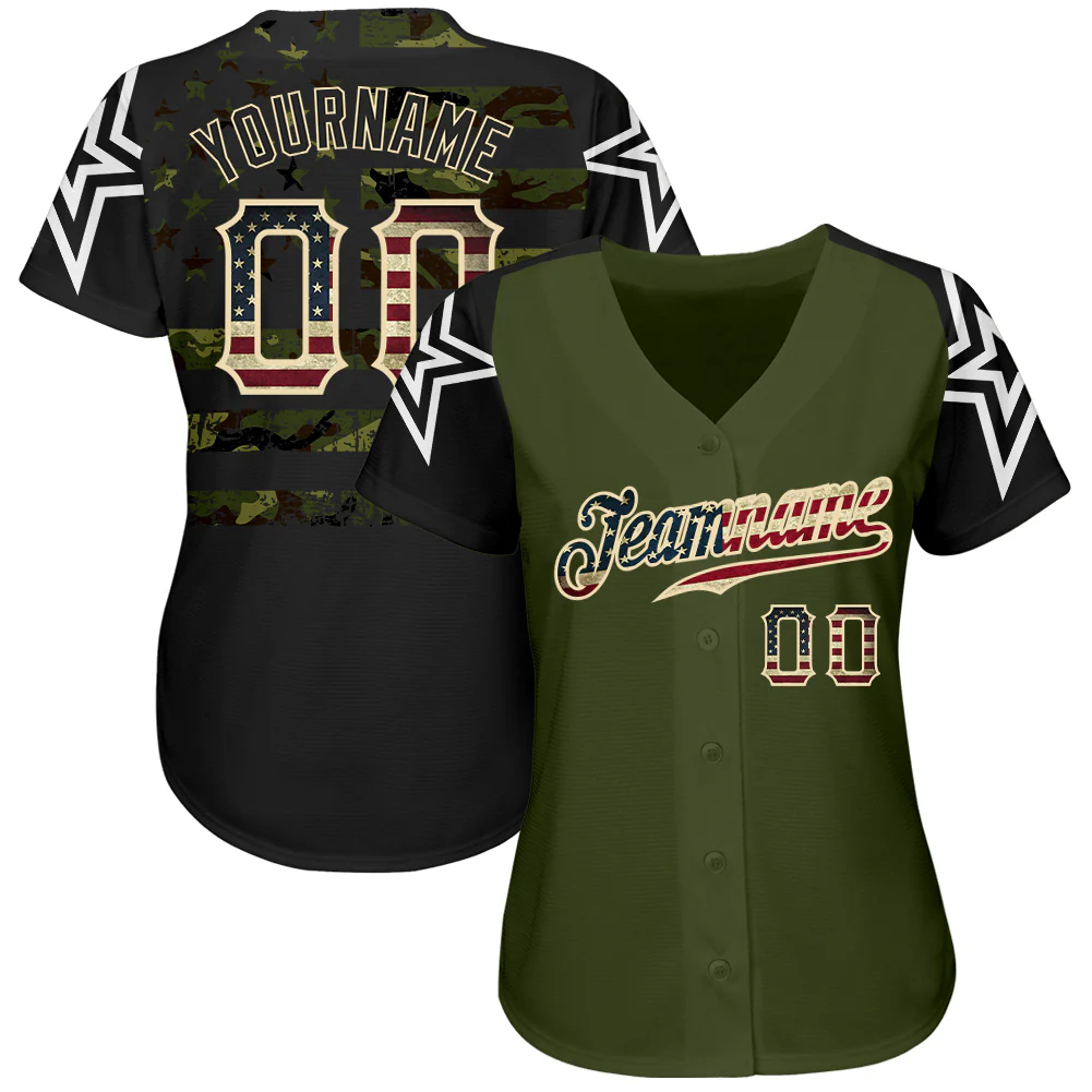 Custom Olive Vintage USA Flag Black Camo-Cream Patriotic Stars Raglan Sleeves Authentic Baseball Jersey - Image 2