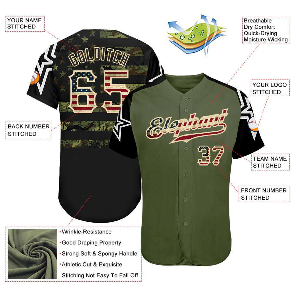 Custom Olive Vintage USA Flag Black Camo-Cream Patriotic Stars Raglan Sleeves Authentic Baseball Jersey - Image 3