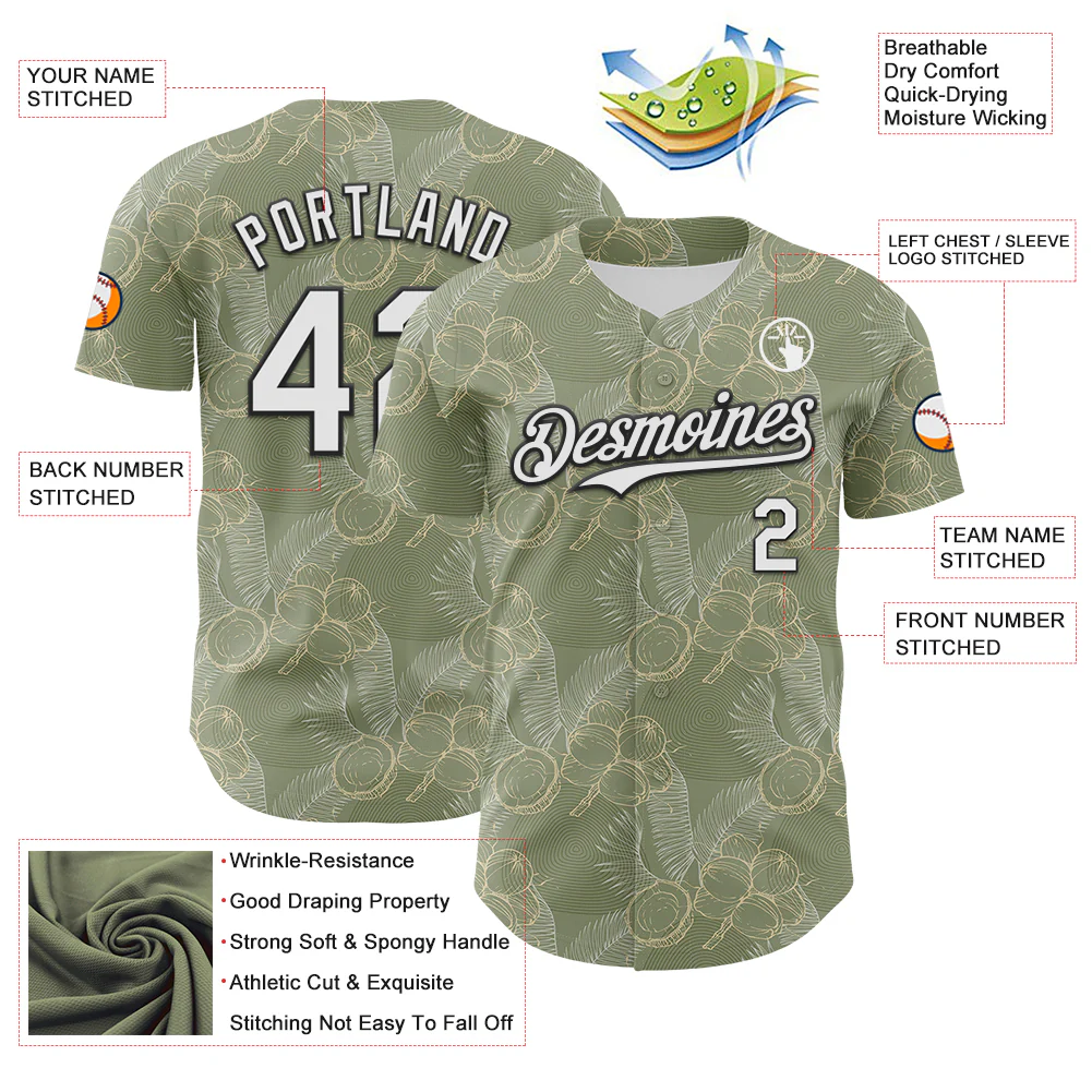 Custom Olive White-Black 3D Hawaii Tropical Coconut Tree Authentic Baseball Jersey - Image 3