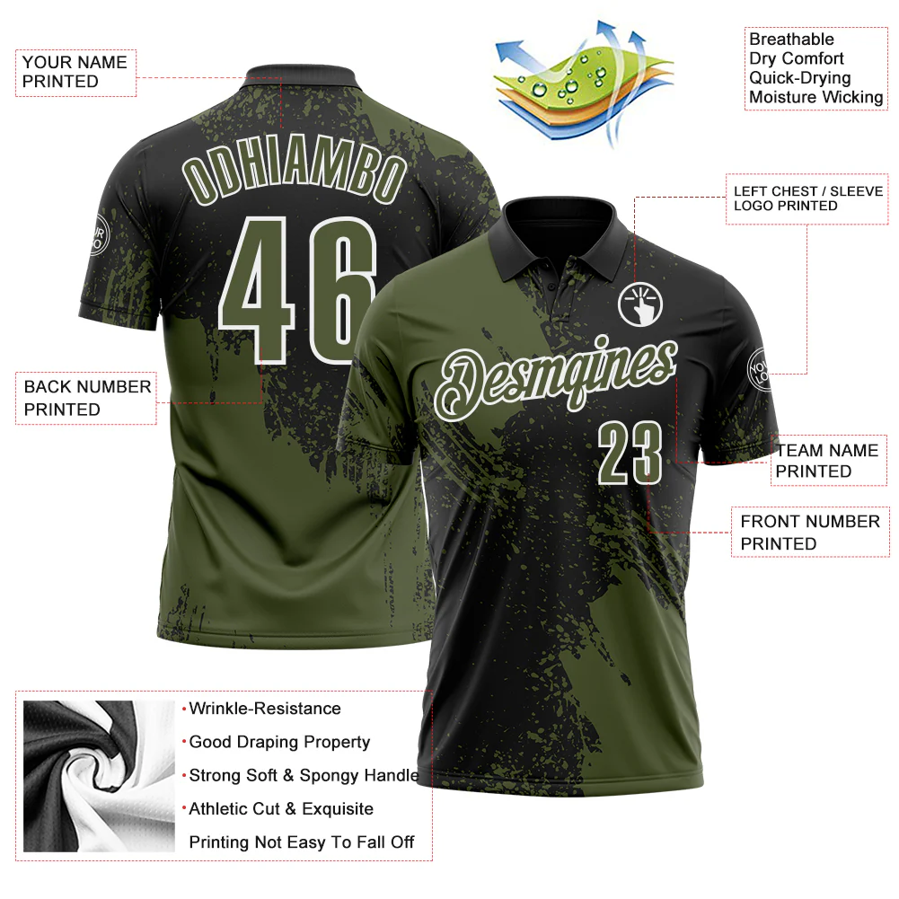 Custom Olive Black-White 3D Pattern Design Abstract Brush Stroke Performance Polo Shirt - Image 3