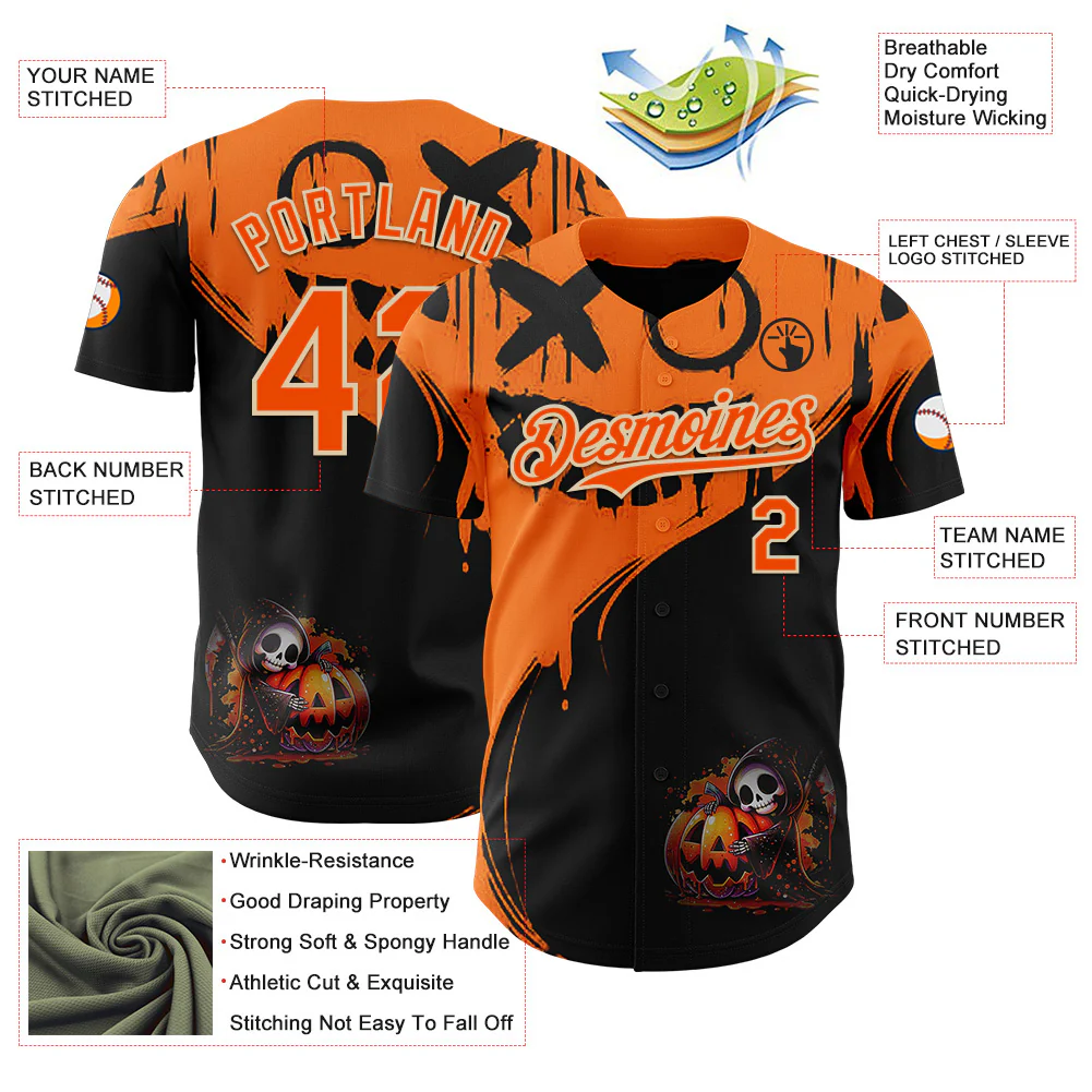 Custom Orange Black-City Cream 3D Halloween Spooky Pumpkin Graffiti Authentic Baseball Jersey - Image 3