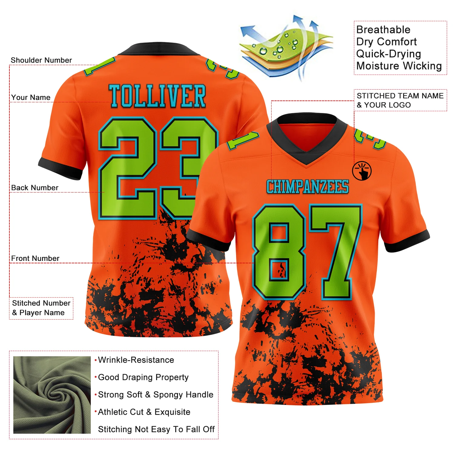 Custom Orange Neon Green Black-Lakes Blue 3D Pattern Splash Authentic Football Jersey - Image 3