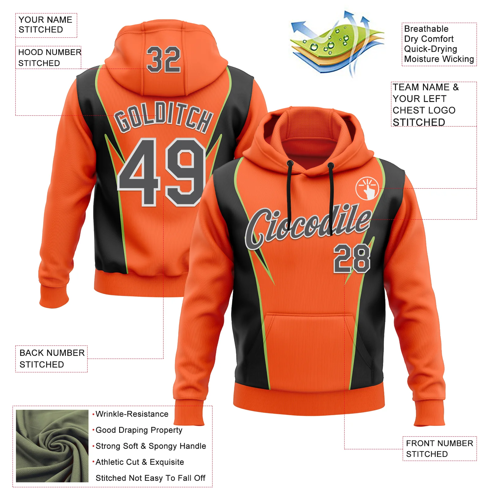 Custom Stitched Orange Steel Gray Black Green-White 3D Pattern Design Sportswear Pullover Sweatshirt Hoodie - Image 2
