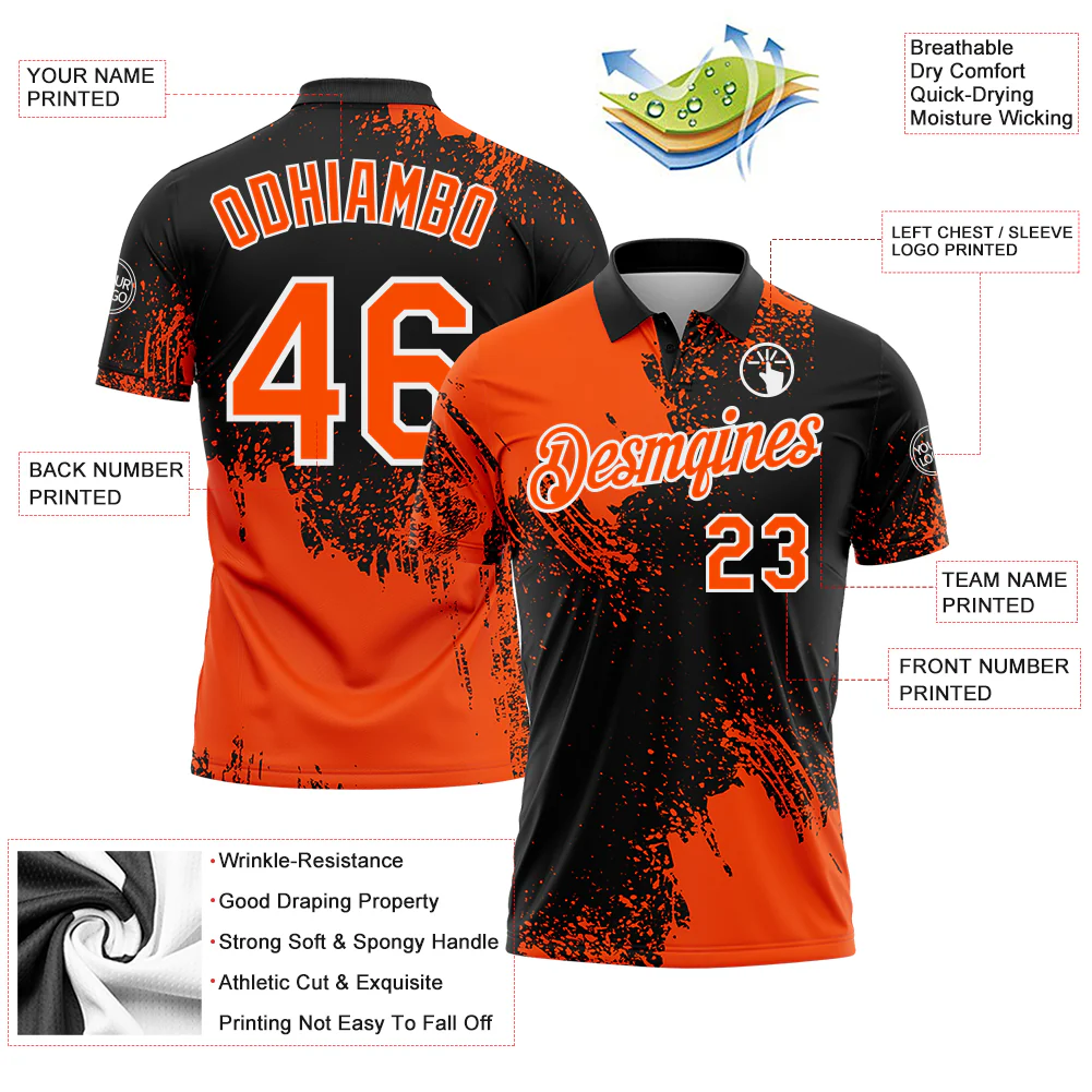 Custom Orange Black-White 3D Pattern Design Abstract Brush Stroke Performance Polo Shirt - Image 3