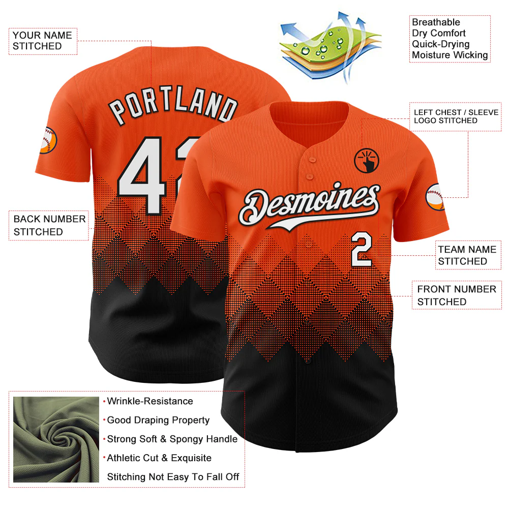Custom Orange White-Black 3D Gradient Square Shape Authentic Baseball Jersey - Image 3