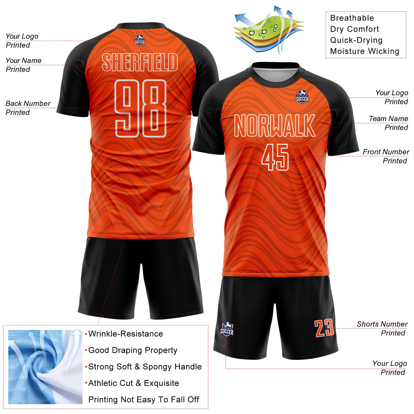 Custom Orange Black-White Wavy Lines Sports Sublimation Soccer Uniform Jersey - Image 4