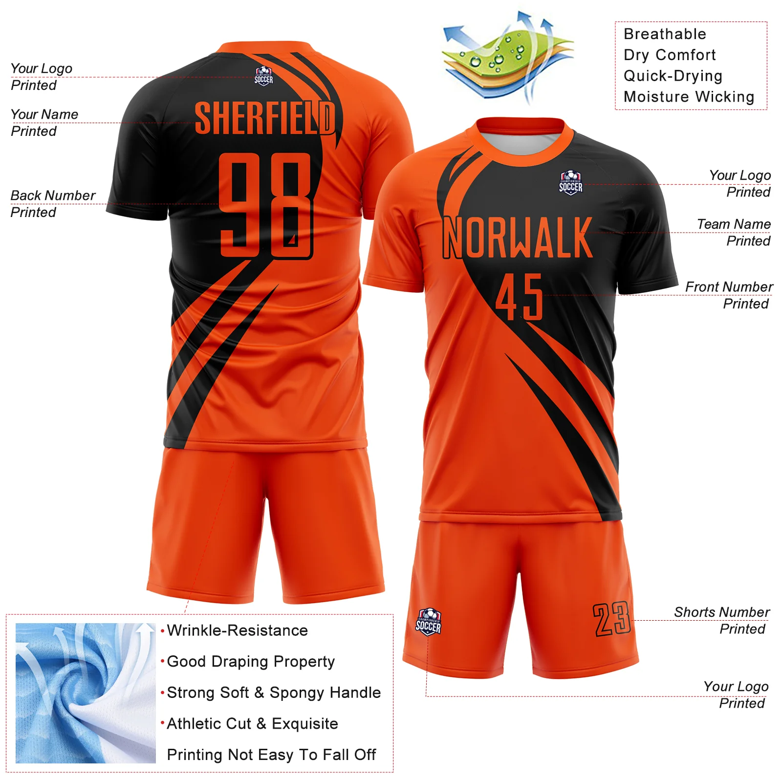 Custom Orange Black Diagonal Streamline Color Block Swirl Curve Lines Sublimation Soccer Uniform Jersey - Image 3