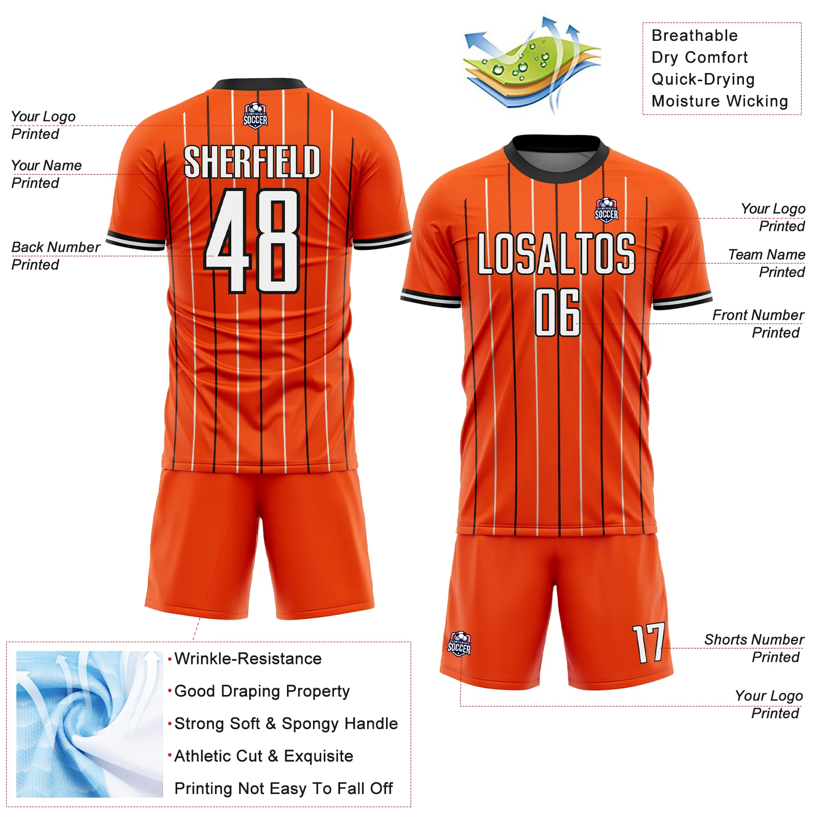 Custom Orange White-Black France Vertical Pinstripe Sublimation Soccer Uniform Jersey - Image 4