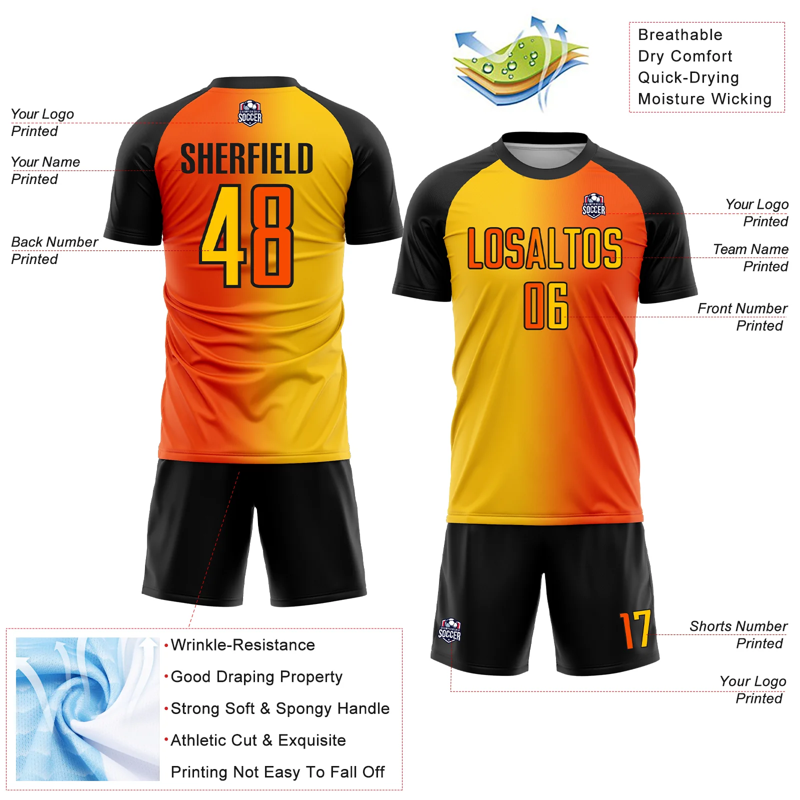 Custom Orange Yellow-Black Sublimation Gradient Fashion Soccer Uniform Jersey - Image 4