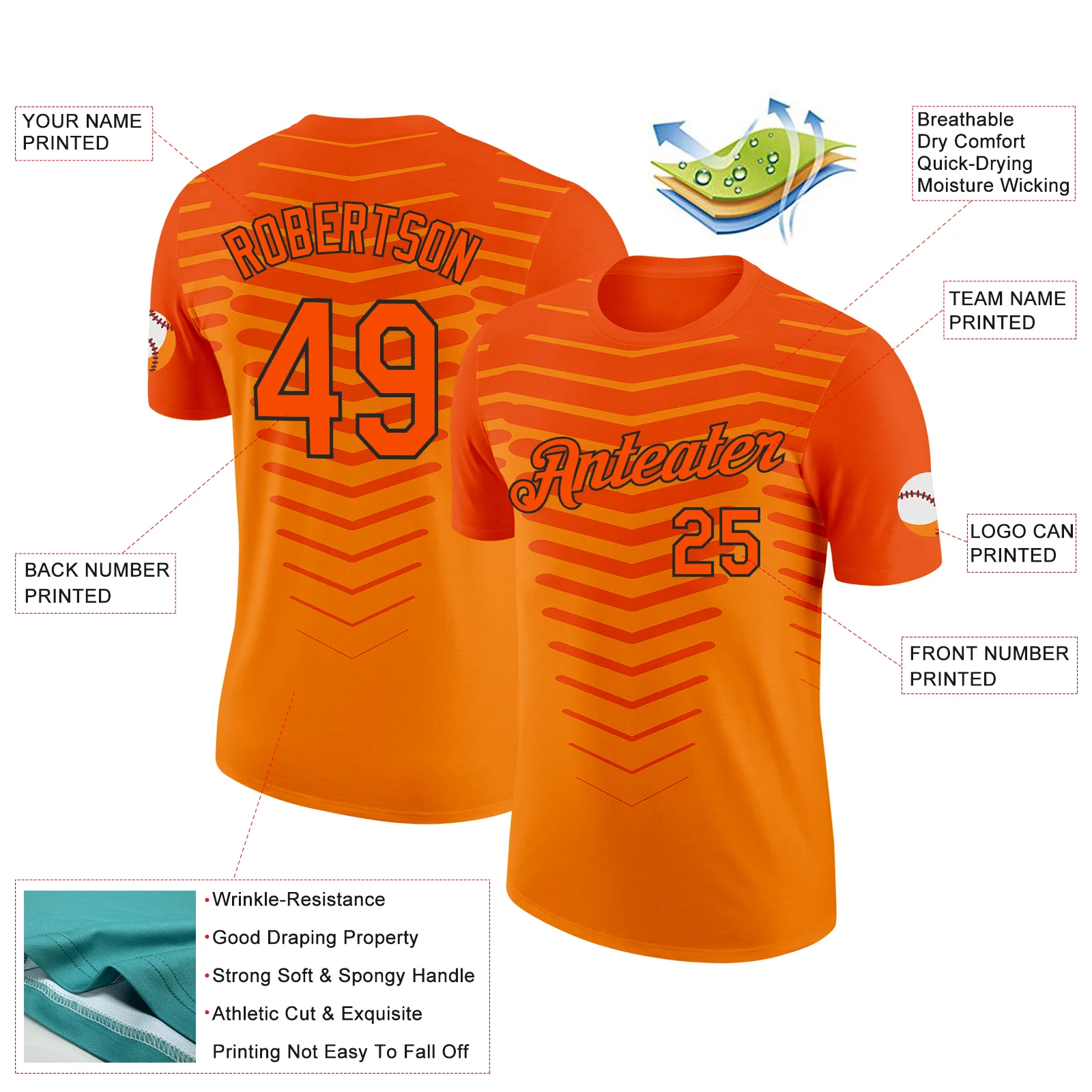 Custom Orange Black Netherlands Line Soccer Jersey Performance T-Shirt - Image 2