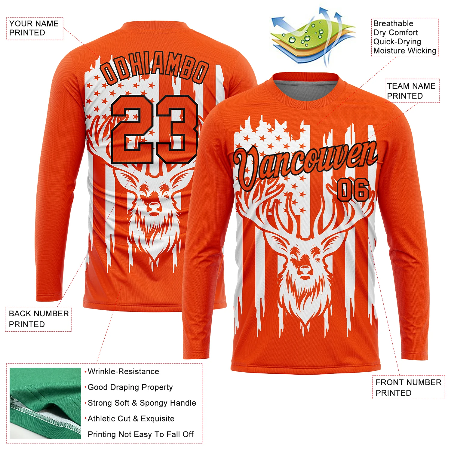 Custom Orange Black-White 3D Animal Deer Hunting American Flag Long Sleeve Performance T-Shirt - Image 2