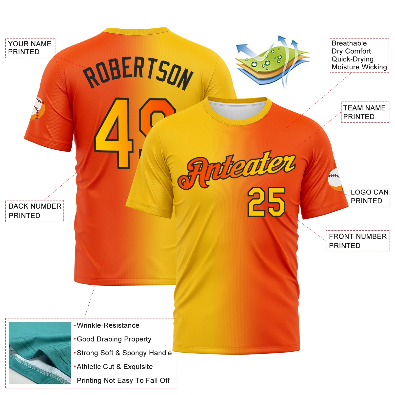 Custom Orange Yellow-Black Gradient Fashion Performance T-Shirt - Image 2