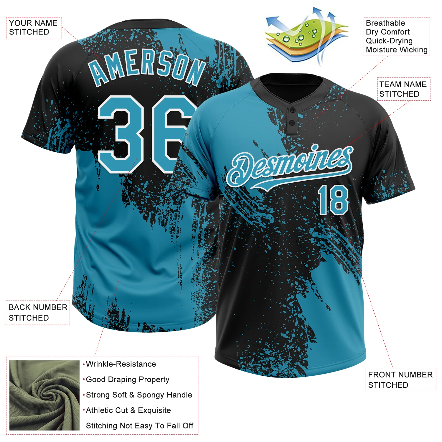 Custom Panther Blue Black-White 3D Pattern Abstract Brush Stroke Two-Button Unisex Softball Jersey - Image 3