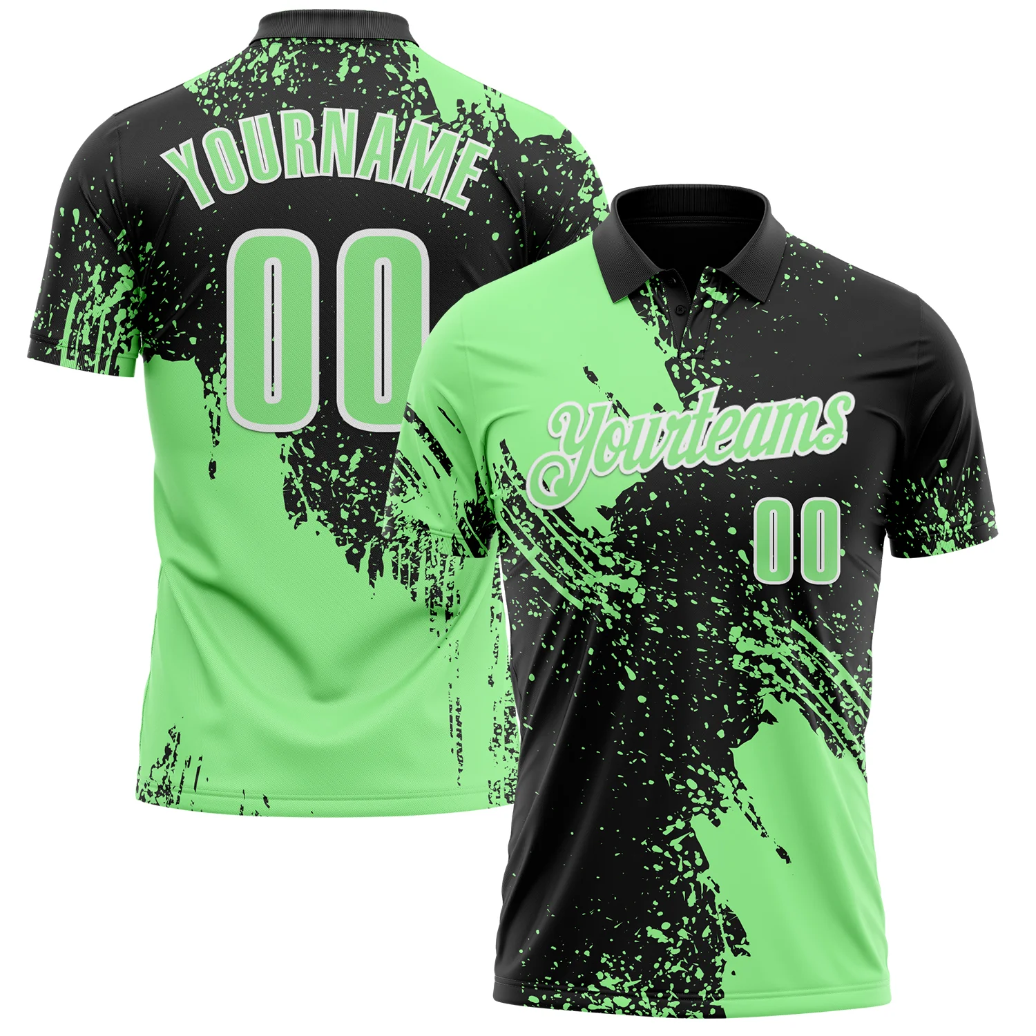 Custom Pea Green Black-White 3D Pattern Design Abstract Brush Stroke Performance Polo Shirt
