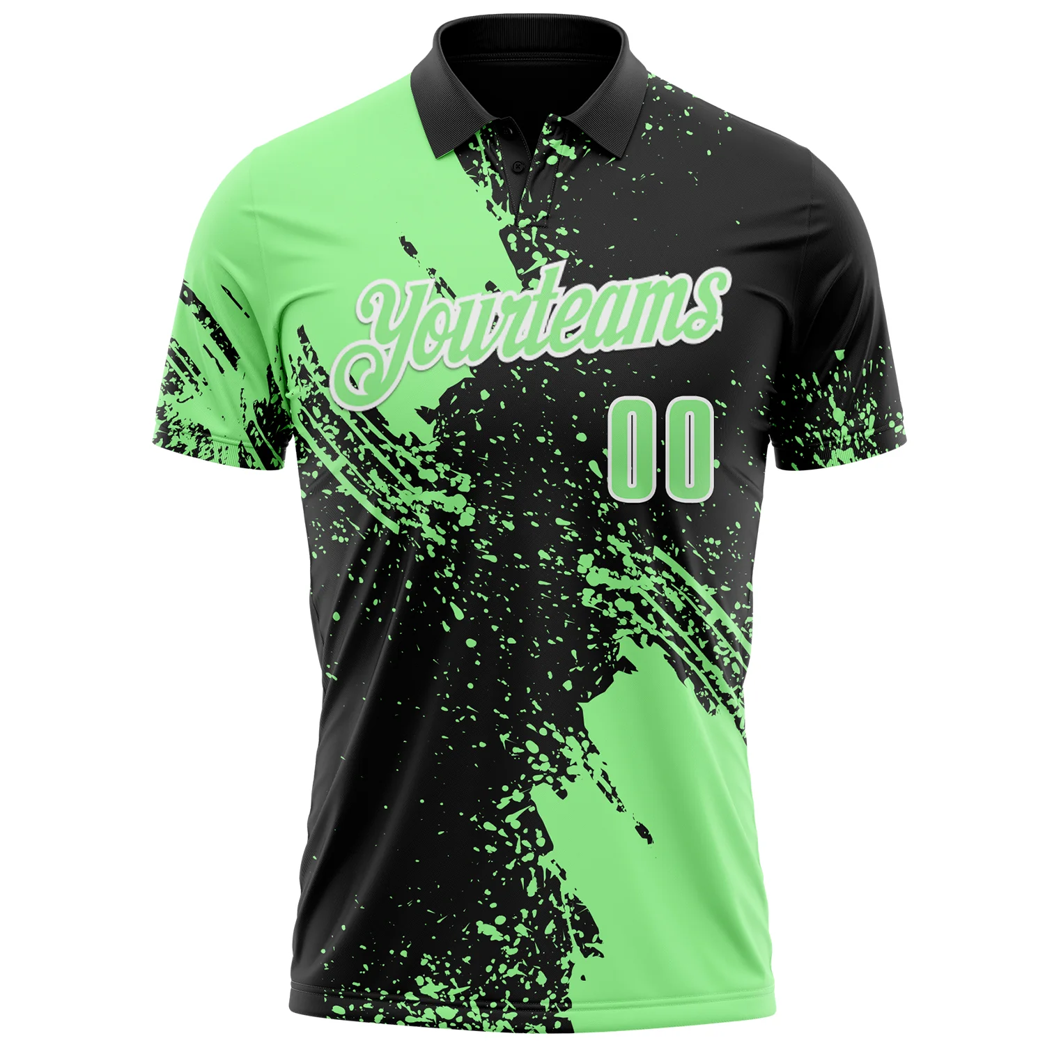 Custom Pea Green Black-White 3D Pattern Design Abstract Brush Stroke Performance Polo Shirt - Image 2