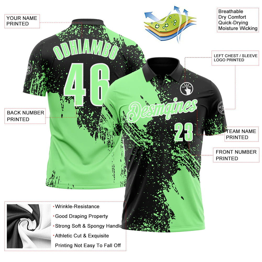 Custom Pea Green Black-White 3D Pattern Design Abstract Brush Stroke Performance Polo Shirt - Image 3