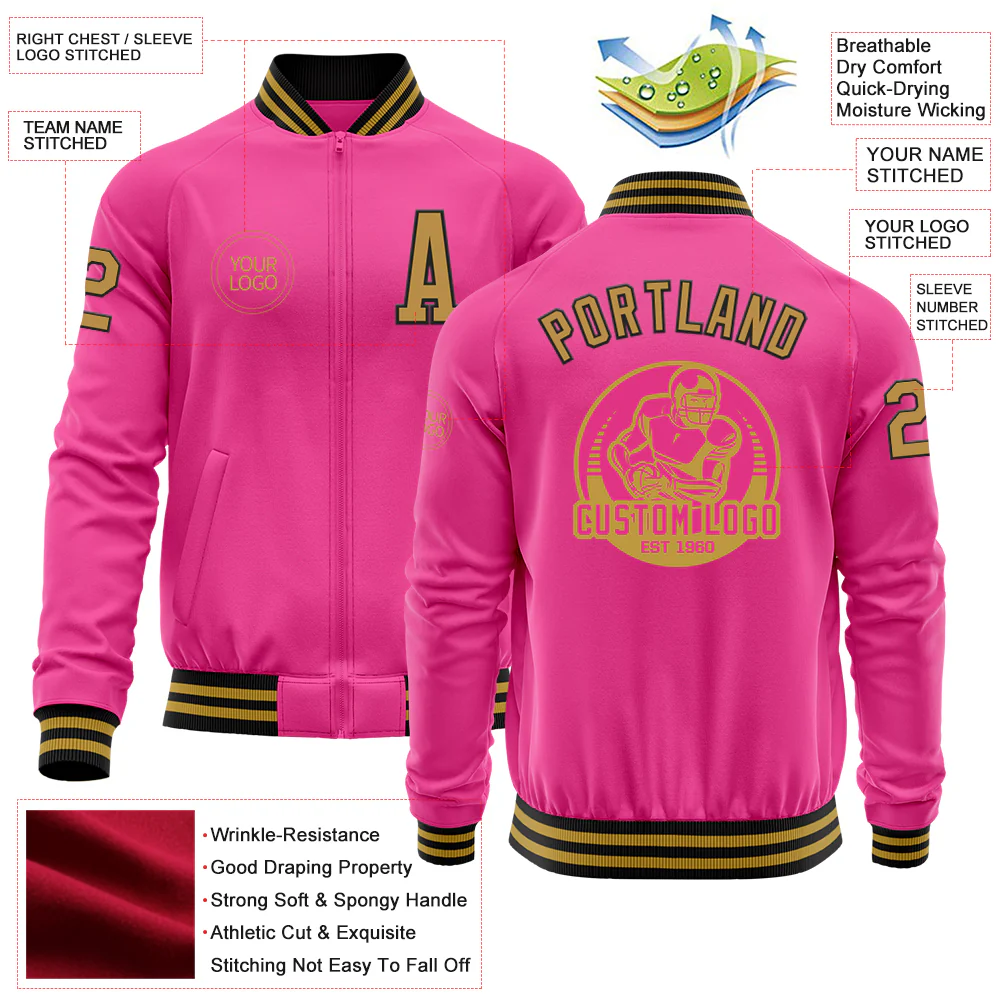 Custom Pink Old Gold-Black Bomber Varsity Letterman Zipper Jacket - Image 4