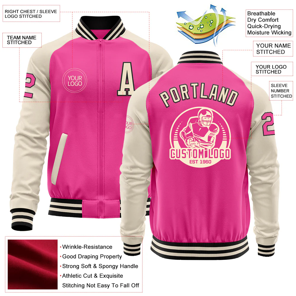 Custom Pink Black-Cream Bomber Varsity Letterman Two Tone Zipper Jacket - Image 4