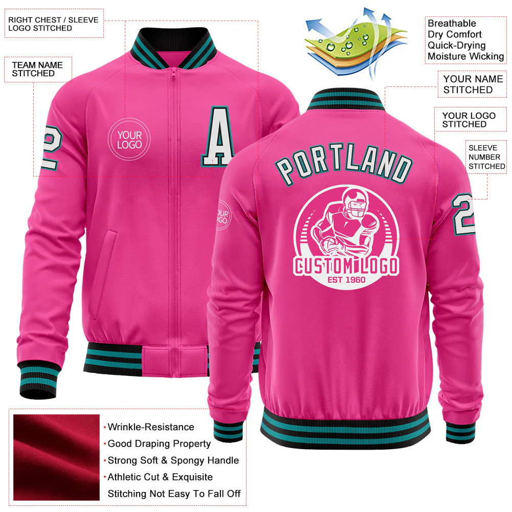 Custom Pink Black-Teal Bomber Varsity Letterman Zipper Jacket - Image 4