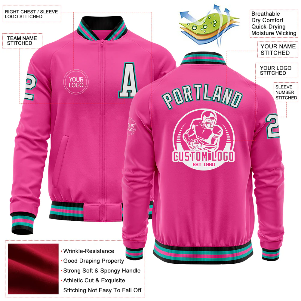 Custom Pink Black-Aqua Bomber Varsity Letterman Zipper Jacket - Image 4
