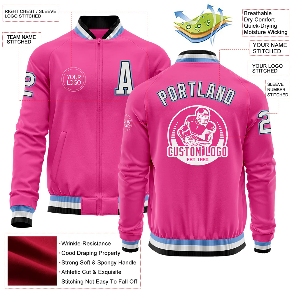 Custom Pink Black-Light Blue Bomber Varsity Letterman Zipper Jacket - Image 4