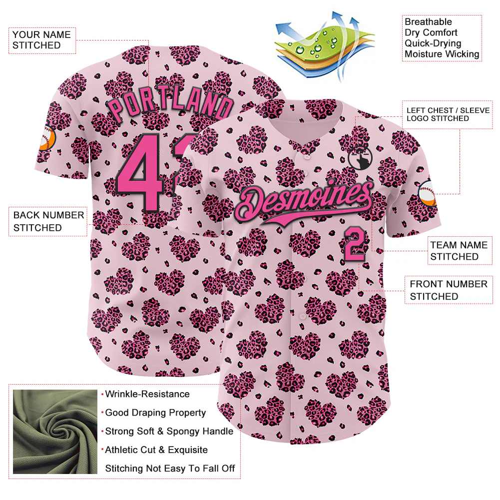 Custom Pink Black Valentine's Day Love Heart Authentic Baseball Jersey - Image 3