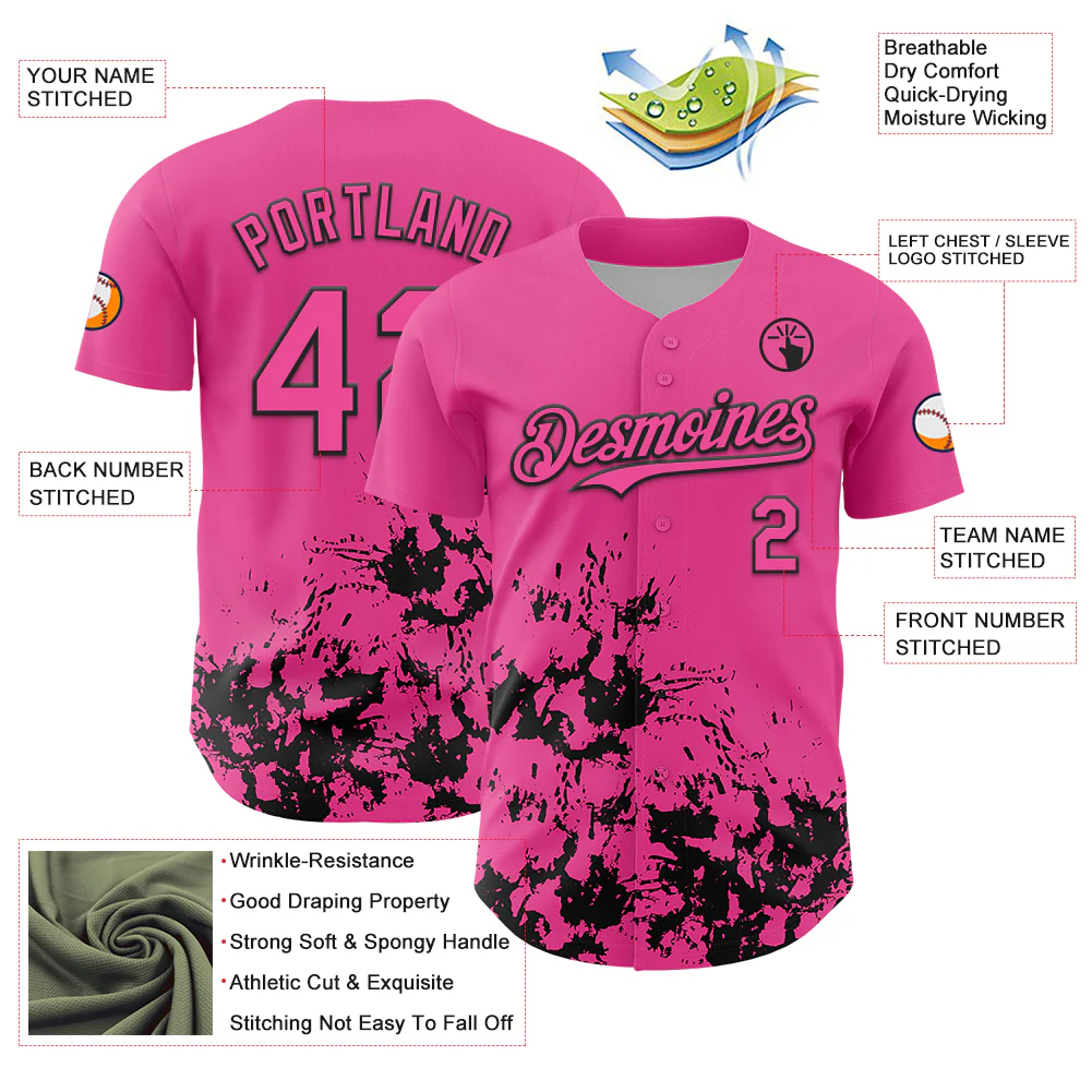 Custom Pink Black Splatter Authentic Baseball Jersey - Image 3