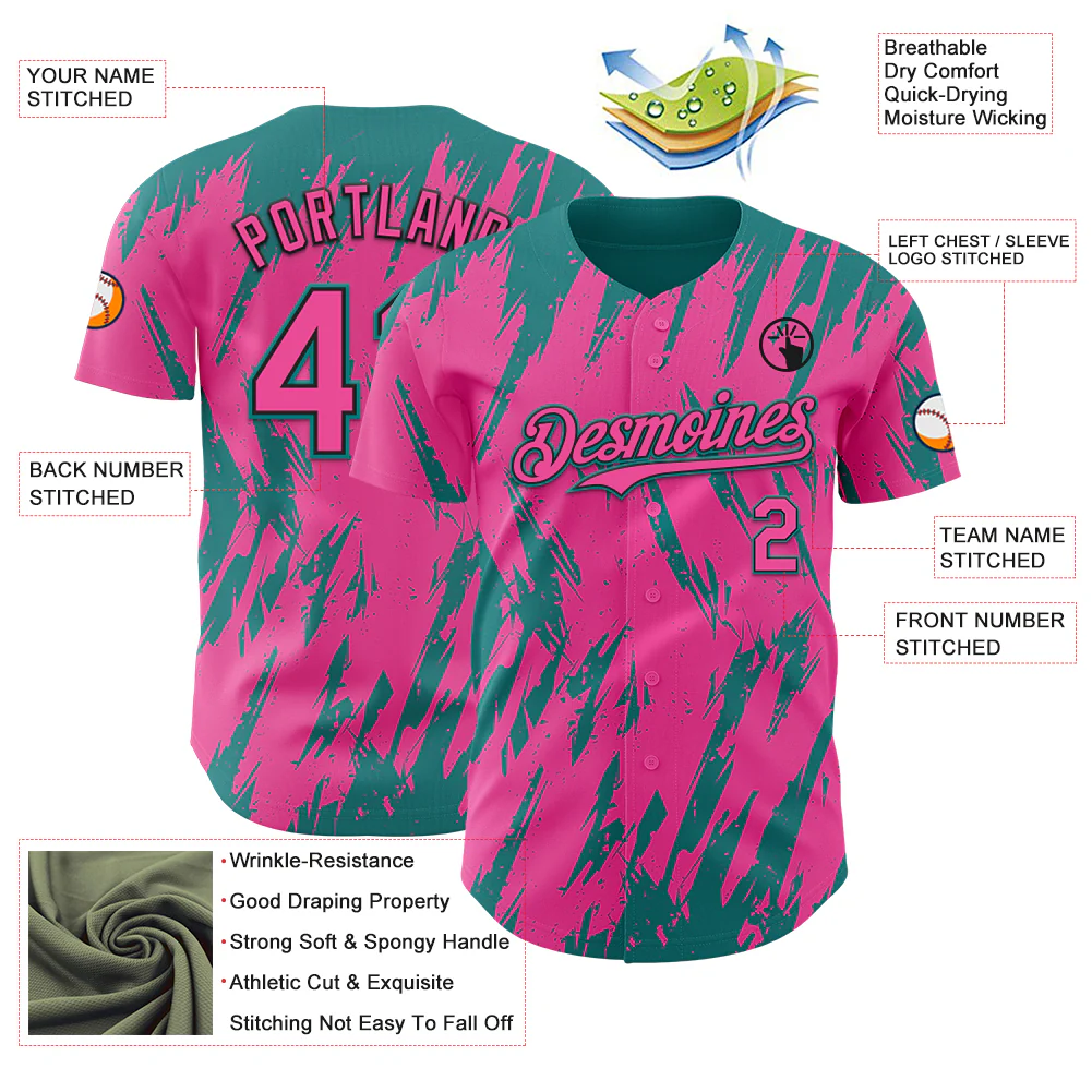 Custom Pink Black-Teal Splatter Torn Sharp Brush Stroke Authentic Baseball Jersey - Image 3